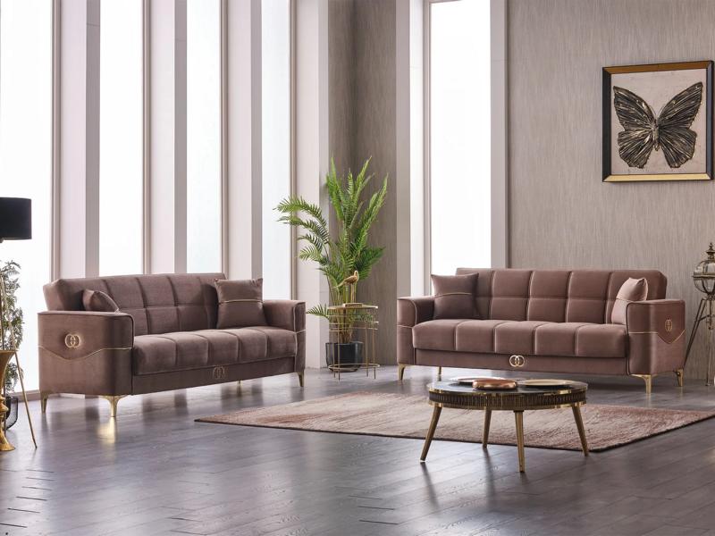 Complete three-seater couch upholstered sofa fabric 3-seater sofa brown 2-piece.