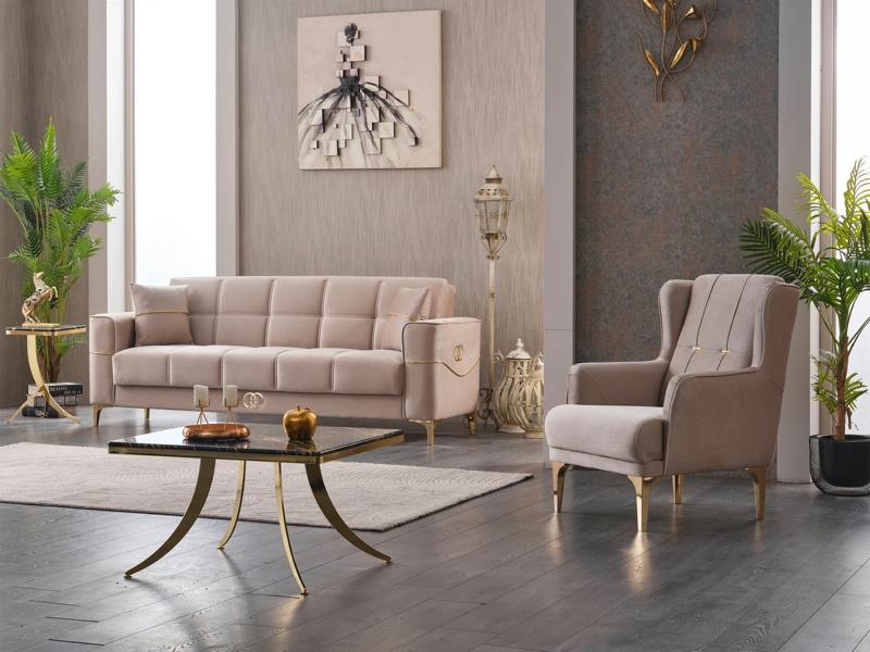 Beige upholstered sofa set, three-seater armchair, fabric sofa couch.