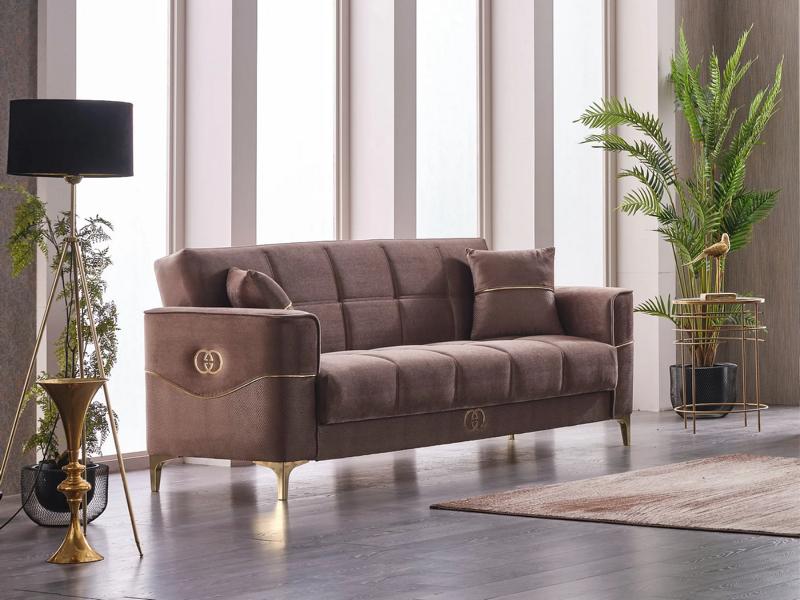 Fabric sofa, upholstered sofa, couch, three-seater, brown sofa design.