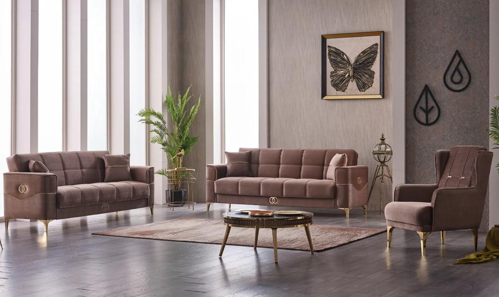 Three-seater sofa, fabric sofa, upholstered sofa, brown couch, seat cushions.