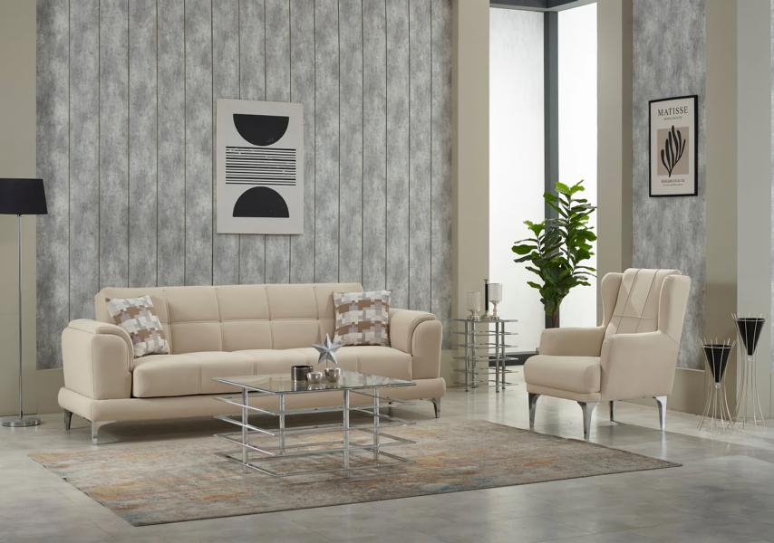 Couch set three-seater 3-seater sofa fabric armchair upholstered sofa beige