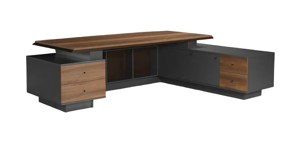 L-shaped desk with drawers, wooden table, office furniture.