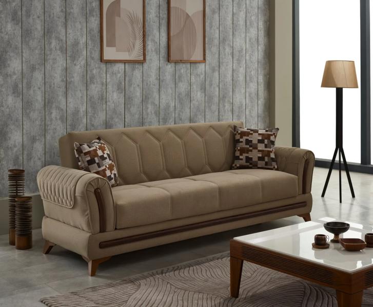 Three-seater couch, 3-seater sofa, fabric sofa, upholstered sofa, brown design.