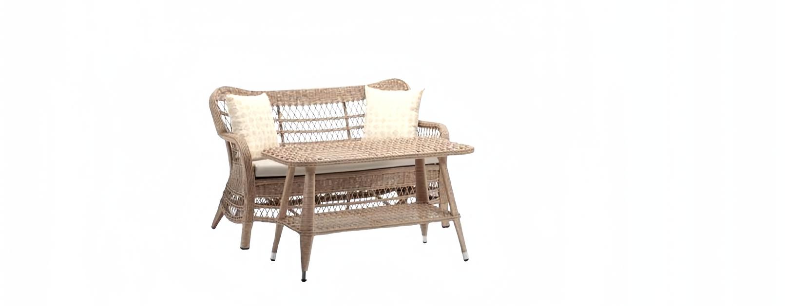 High-quality luxury beige garden furniture rattan modern two-seater sofa coffee table