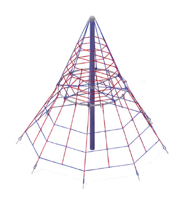 Adventure ropeway, rope climbing device, suspended rope climber, rope play equipment, net cone