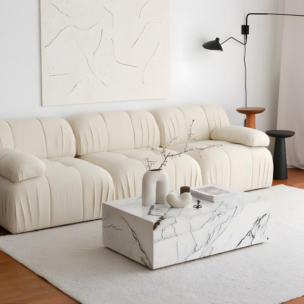 Upholstered sofa three-seater design beige fabric couch