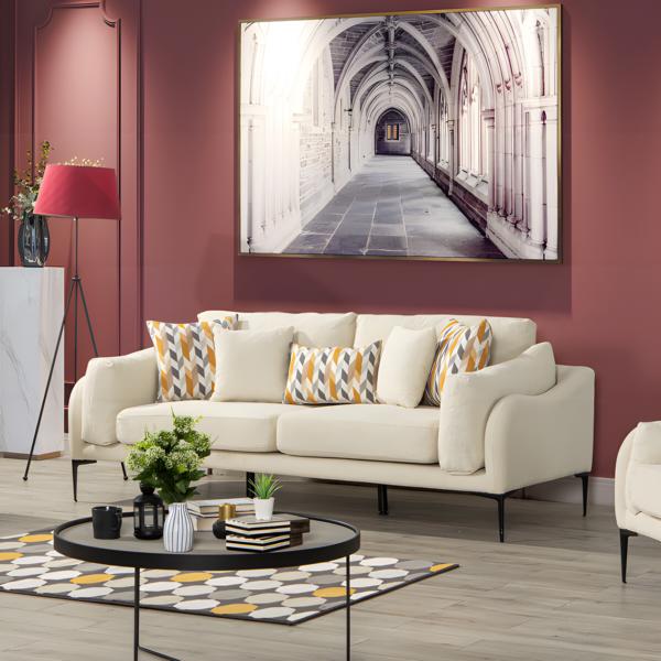 Three-seater upholstered sofa, sofa design, beige fabric couch.