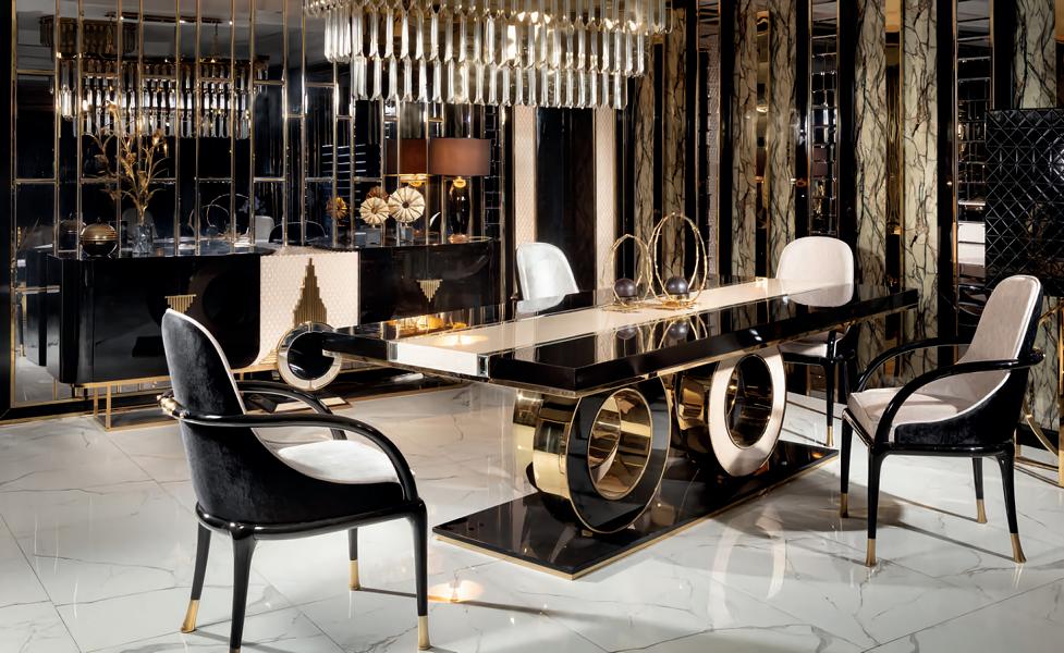 Set of 7-piece dining table, chairs, sideboard with mirror, luxury living room dining group, modern.