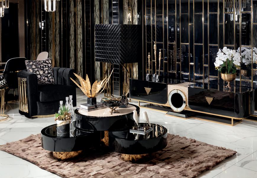 Living room set 5-piece armchair coffee table sideboard with mirror display luxury wood