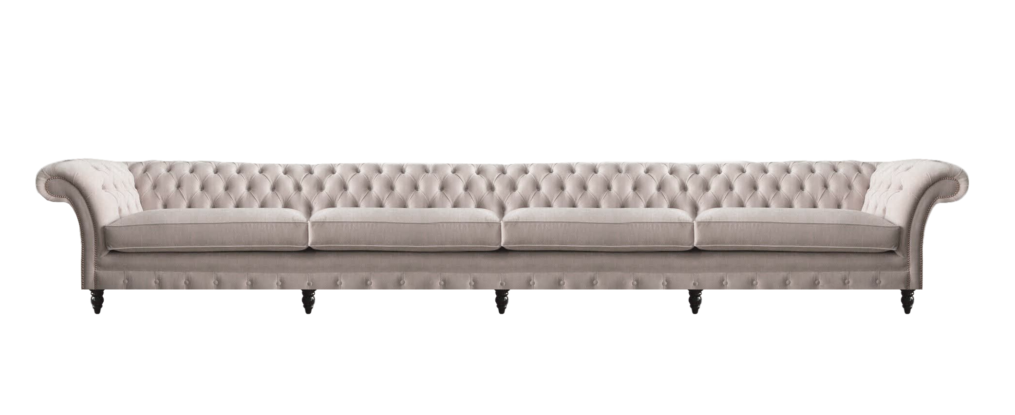 Four-seater sofa upholstered in textile modern Chesterfield furniture.