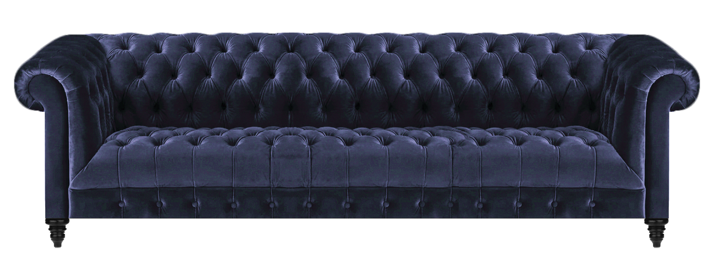 Blue upholstered textile Chesterfield four-seater sofa couch living room furniture