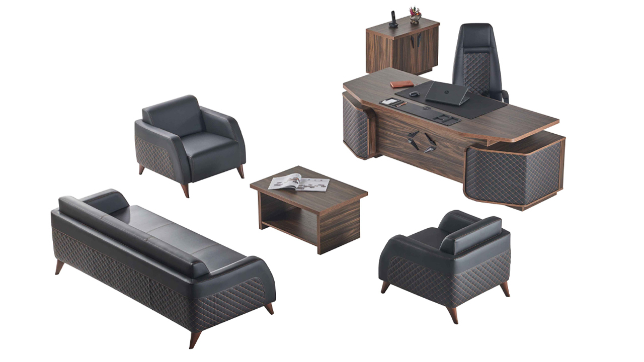 Modern complete office set desk sofas brown black leather