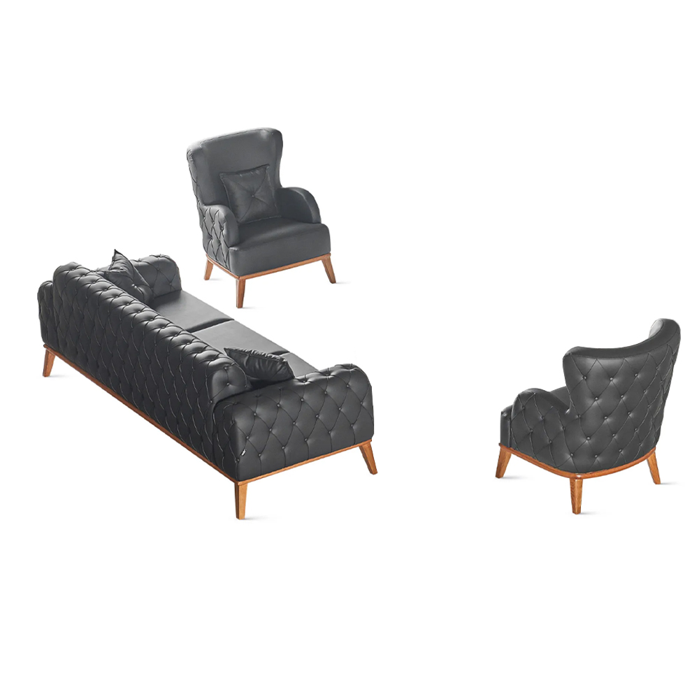 Black Living Room Set Modern Leatherette 3-Seater 2x Armchairs