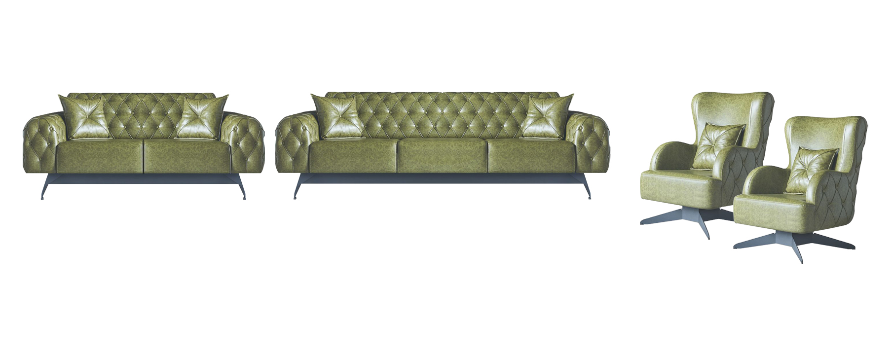 Chesterfield Sofa 3-Seater 2-Seater Armchair Green Set Classic Leather 4-piece.