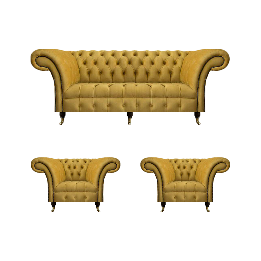 Chesterfield Yellow Sofa Set Designer Three-Seater Elegant Armchairs 3-piece