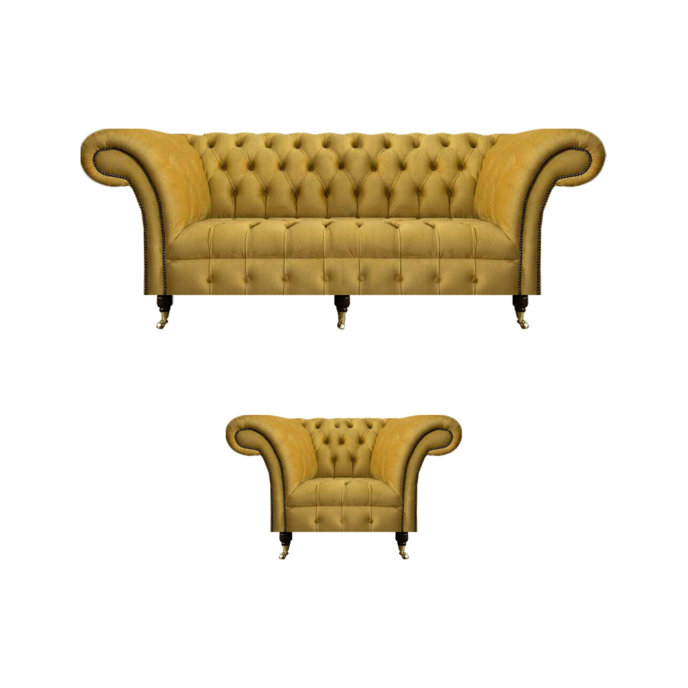 Yellow Chesterfield upholstered furniture designer 3-seater luxurious armchair 2-piece