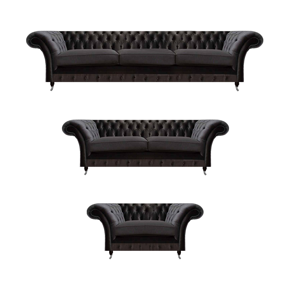 Chesterfield Black Upholstered Set 3-Seater Luxury Armchair Loveseat
