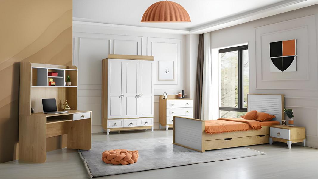 Modern 5-piece set with bed, nightstand, dresser, wardrobe, and desk.