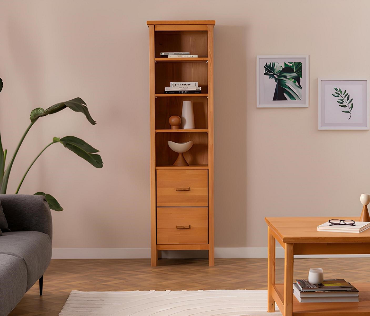 Robust light brown living room display cabinet designer wood cupboard with 2 drawers.
