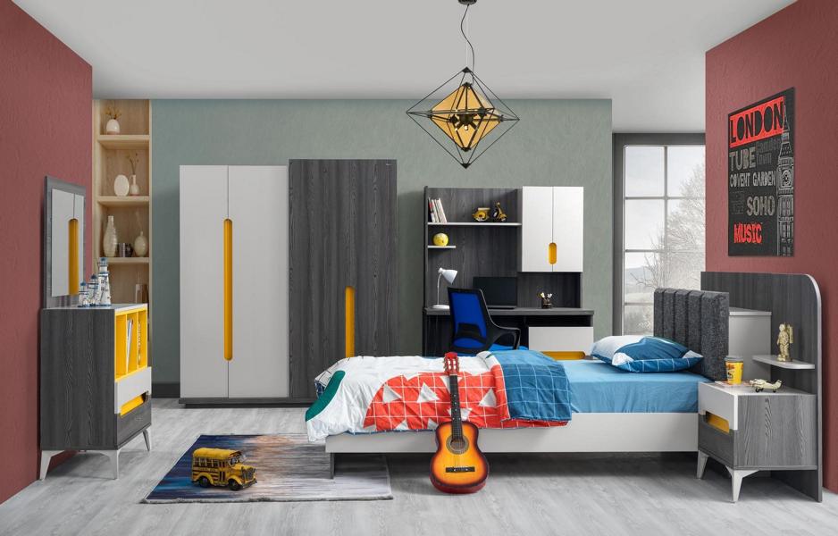 Gray children\'s room set bed nightstand dresser wardrobe desk