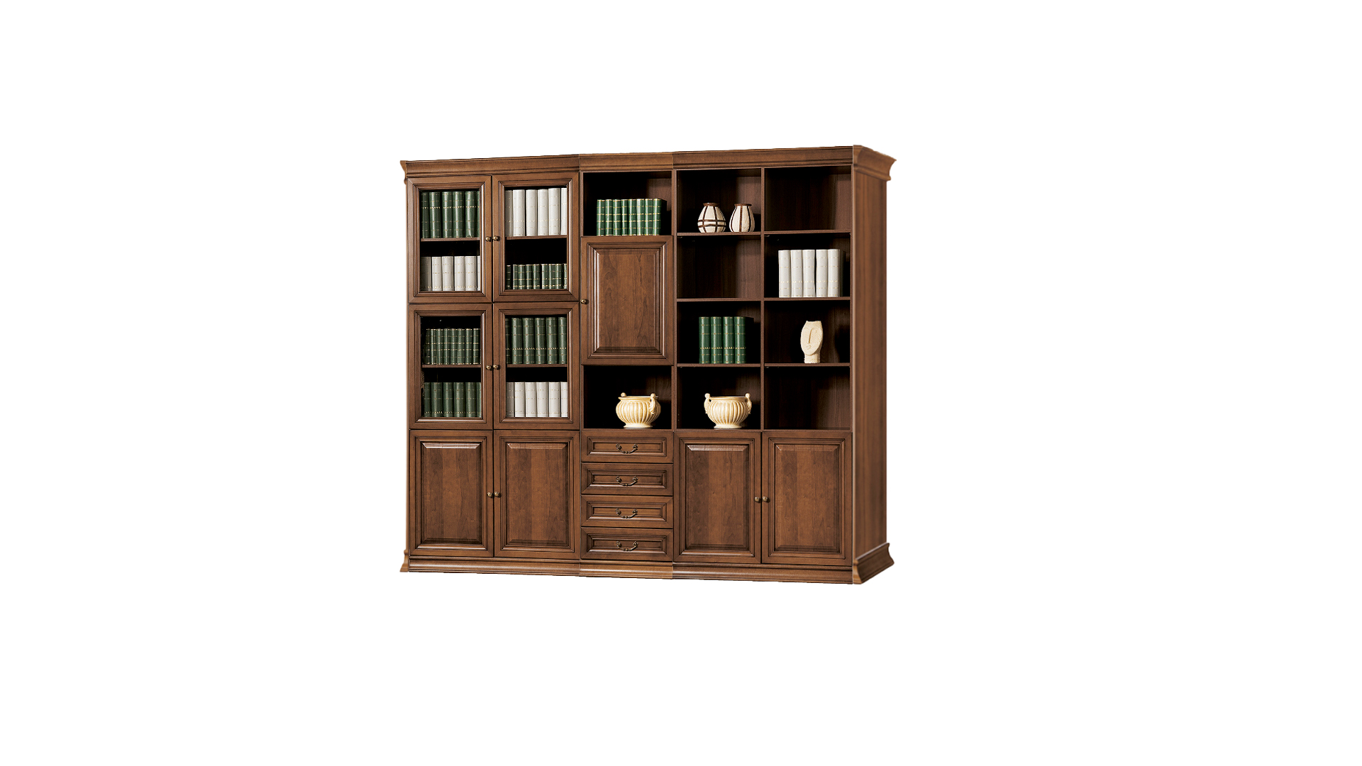 Stylish brown office cabinet partially solid wood shelves glass doors study