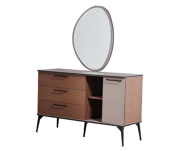 Vanity table, dressing table, makeup chest, toilet table, mirror, makeup station.