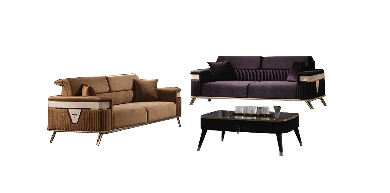 Designer living room set sofa purple 2-piece. Sofa suite 3+3 seat brown couches.