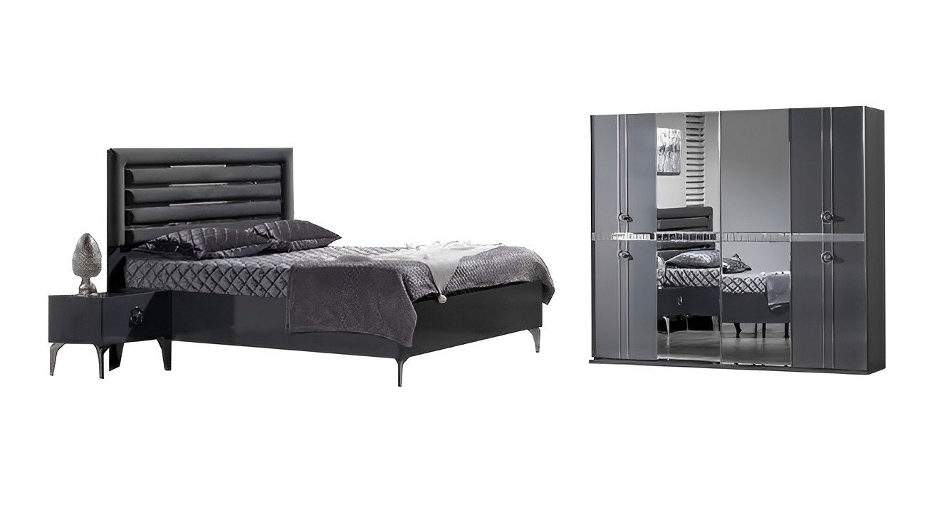 Bedroom set bed 2 nightstands wardrobe luxury modern furniture 4 pieces black