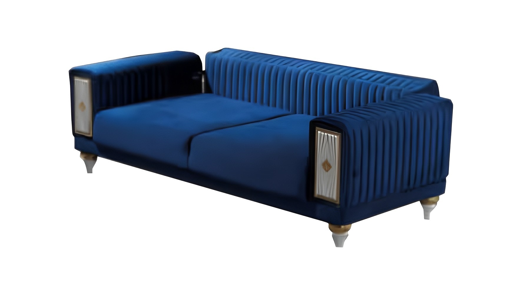 Living room three-seat sofa, upholstered furniture, fabric, blue, modern couch.