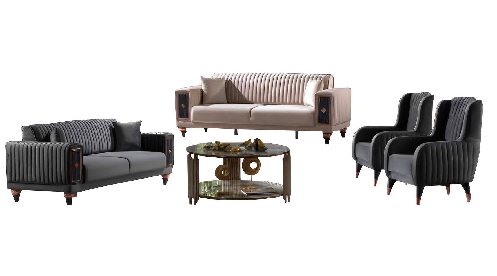 Beige-Black Designer Sofa Set 2x Three-Seat Upholstered Chairs Luxury Furniture