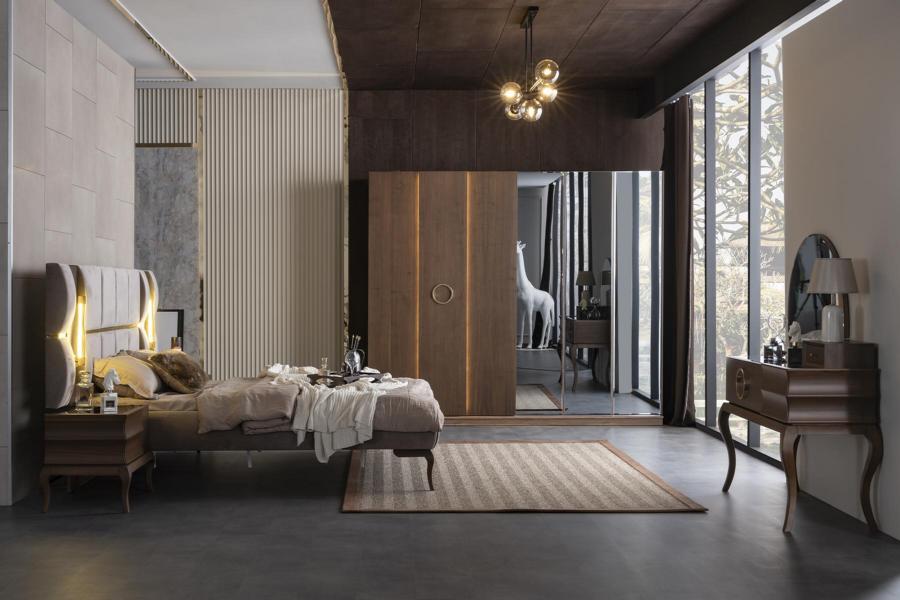 Bedroom bed nightstands vanity wardrobe lighting 6-piece set.