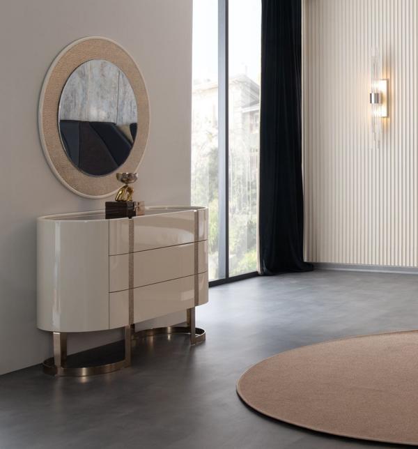 Chest of drawers cabinet sideboard mirrored smooth with round stainless steel mirror