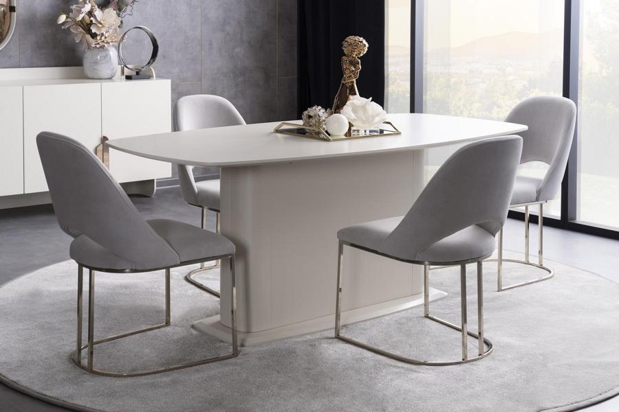 Dining room dining table chairs table upholstered chairs column base white stainless steel