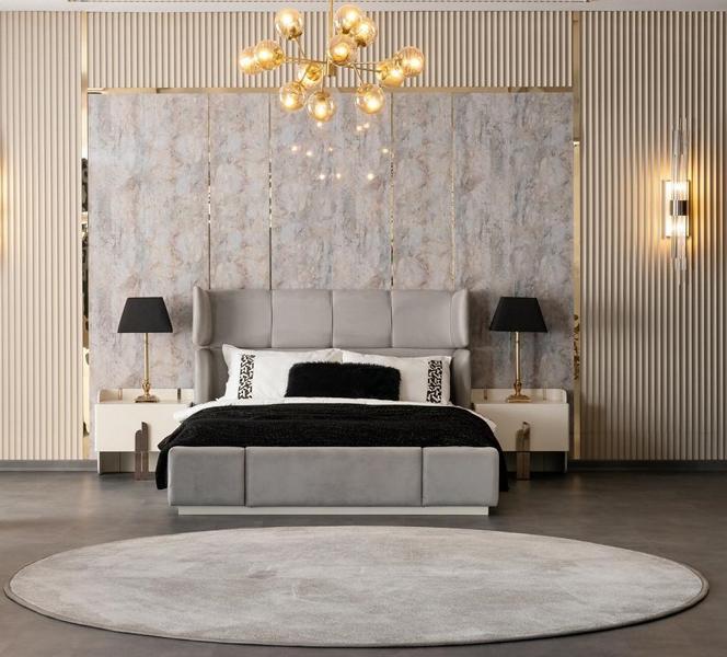 Bedroom complete set double bed 2x bedside tables upholstered bed stainless steel