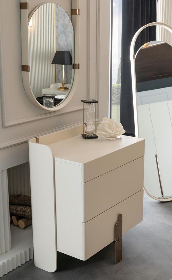 Chest of drawers, designer mirror, wall mirror, oval cabinet.