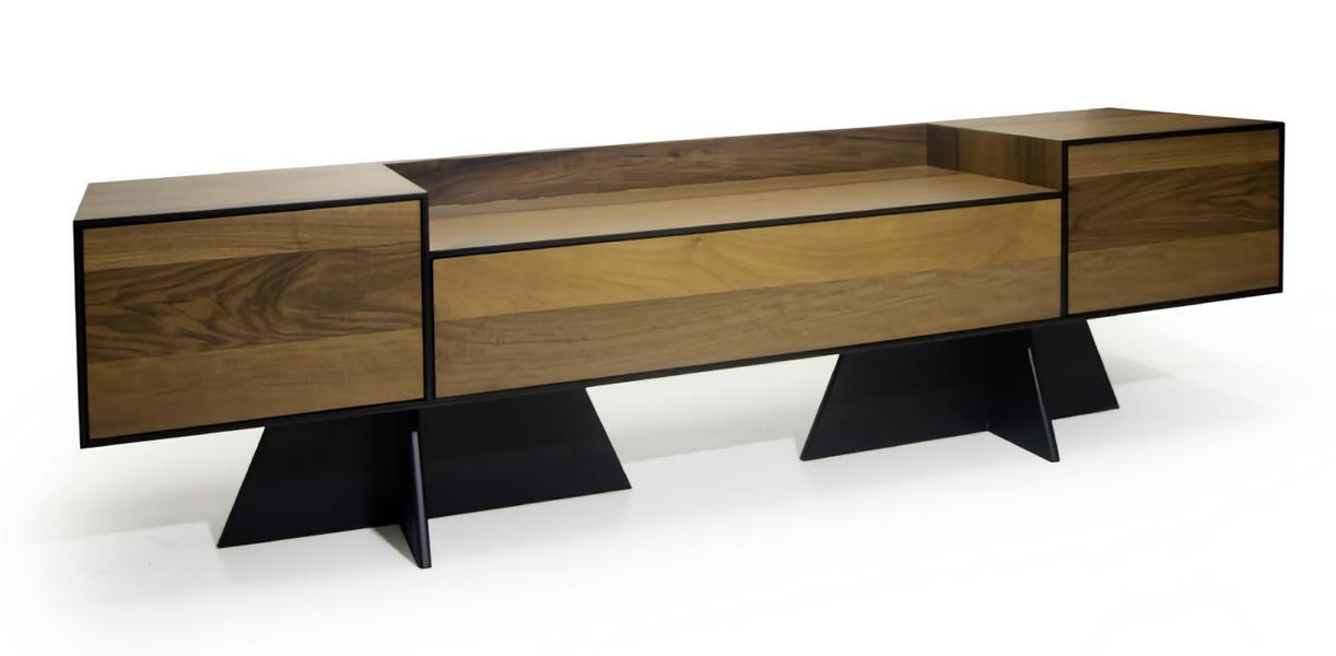 Brown TV stand, elegant designer lowboard made of wood, stylish furniture for the living room.