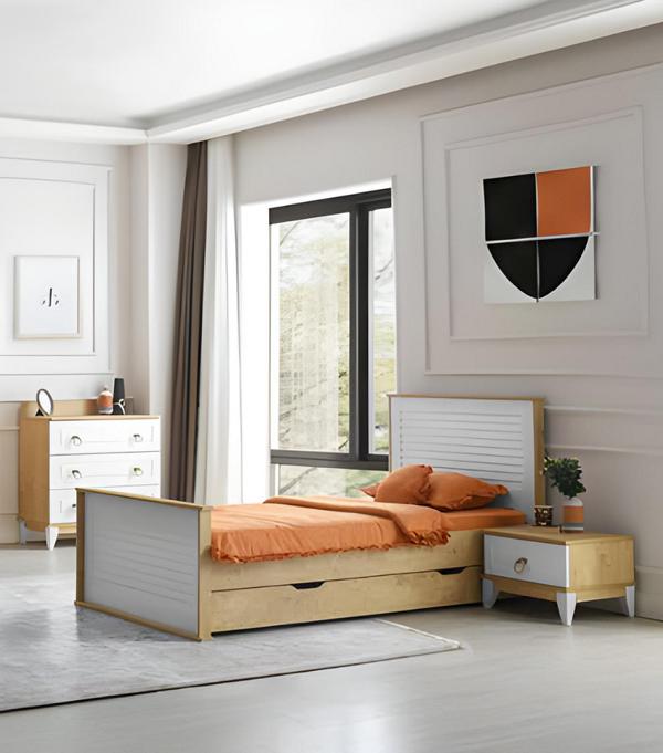 Modern 3-piece bedroom set with bed, nightstand, and chest of drawers. Stylish and elegant.