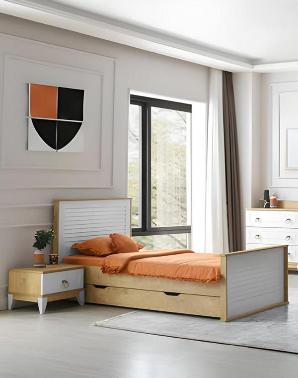 Modern single bed with bedside table & storage Stylish design for the bedroom