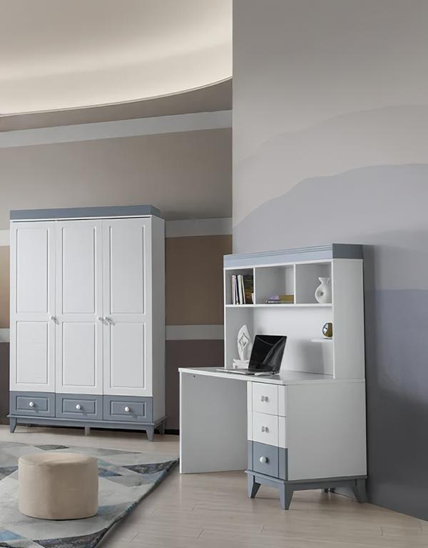 Modern 2-piece set with wardrobe and desk functional design.