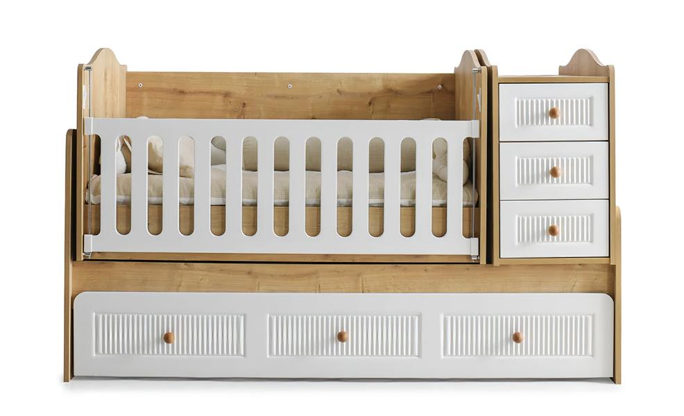 Stylish children\'s bed made of light wood, luxurious bed frame, perfect new.