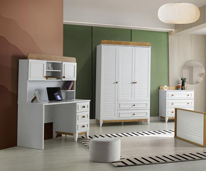 Desk wardrobe and chest of drawers set for children\'s room bedroom.
