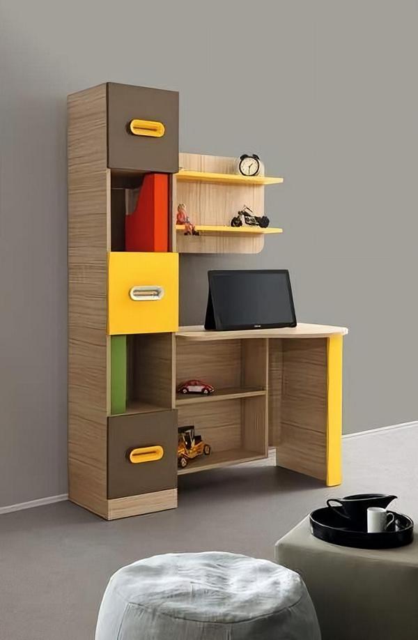 Modern desk design shelves color accents yellow brown office furniture functional