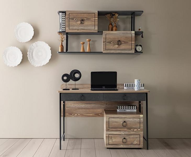 Desk Wood Drawers Metal Accents Black Modern Work Office Furniture