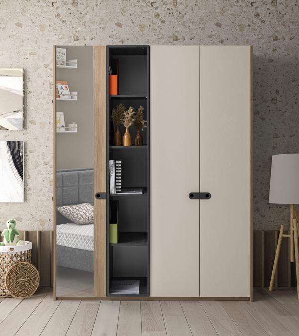 Modern wardrobe with mirror, open shelving, stylish organization for children\'s room.