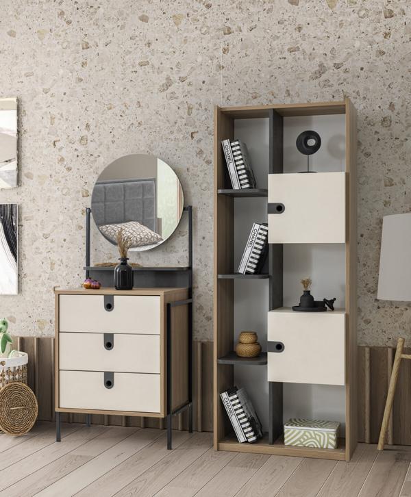 Modern set of dresser with mirror and bookshelf in wood look and cream.