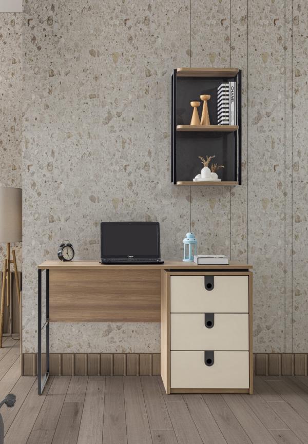 Modern desk with integrated drawer unit in cream and black.