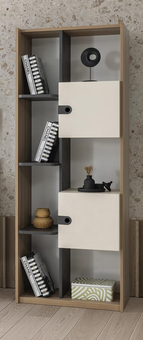 Modern bookshelf open compartments doors wood look cream stylish design furniture