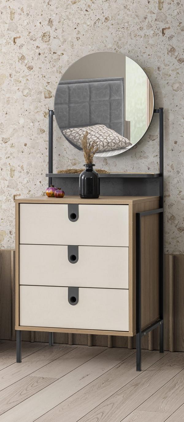 Stylish dresser with mirror and three drawers in wood look and cream.