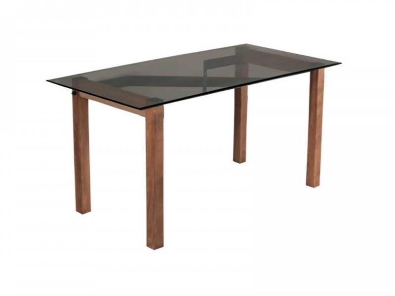 Glass dining table rectangular kitchen table with wooden legs.