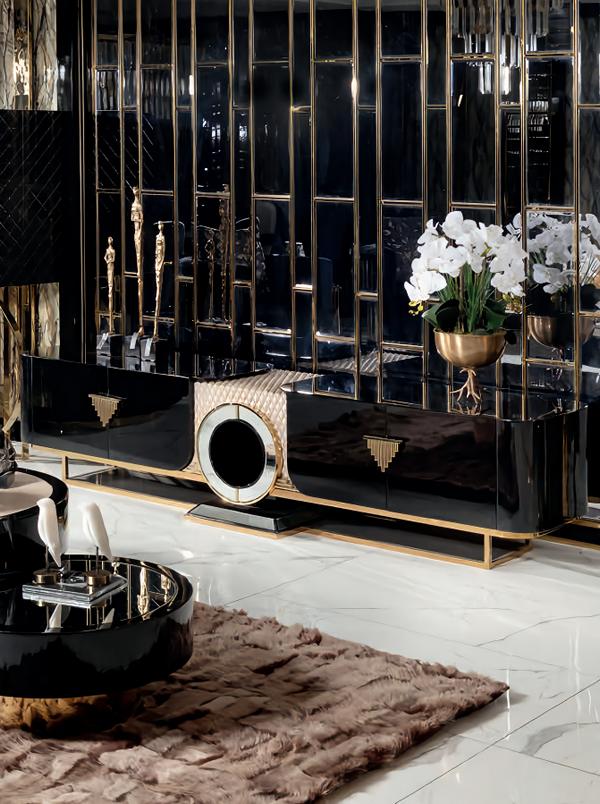 Lowboard living room wood cabinets dark stainless steel shelves aesthetics beauty